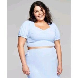 Now This Womens Plus Size Tie Back Blue Crop Top Cambray 2X New With Tags